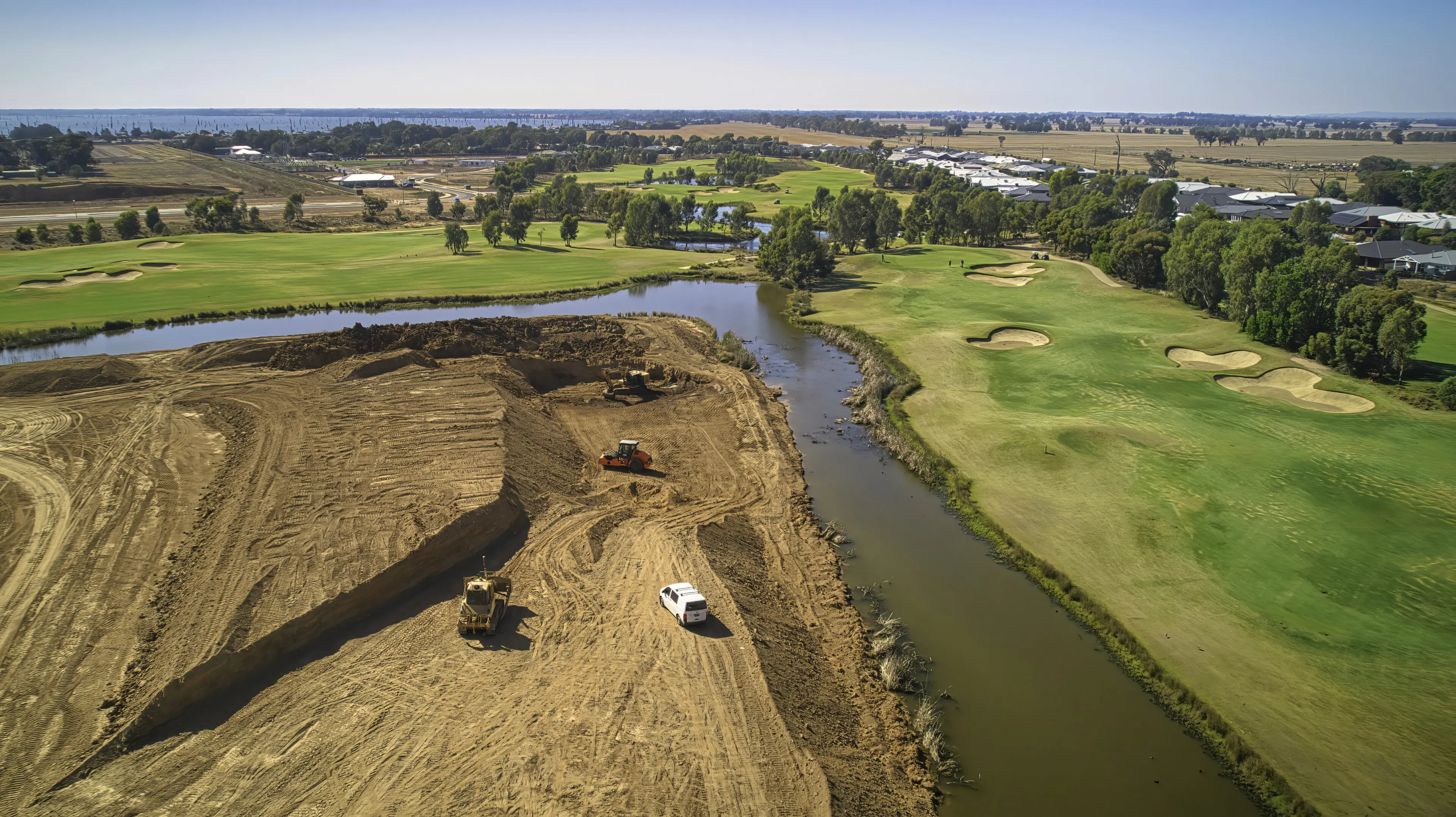 Yarrawonga, Victoria, Australia - 13 April 2023: Earth works in the middle of Black Bull Golf Course for new building stage at Silverwoods Estate