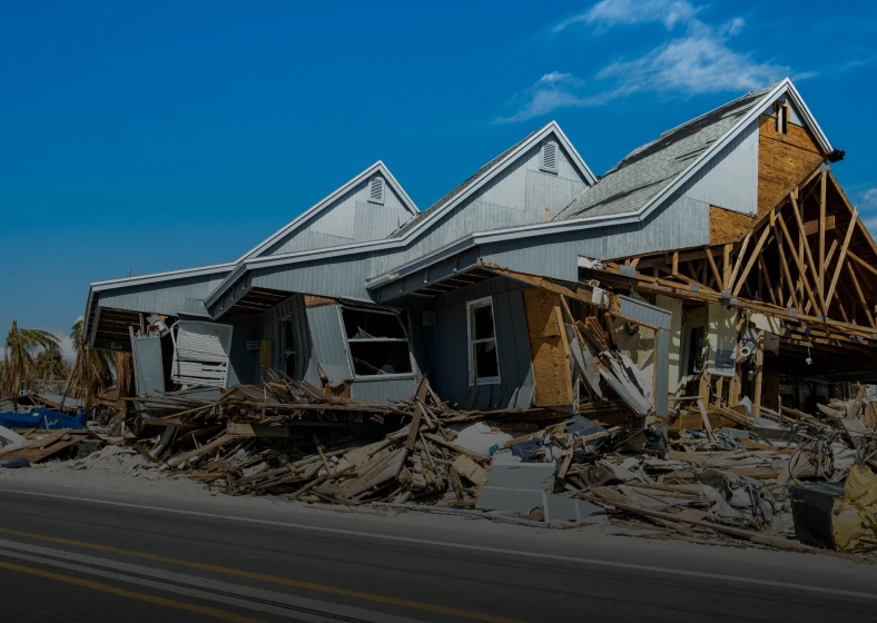 Collapsed buildings with debris